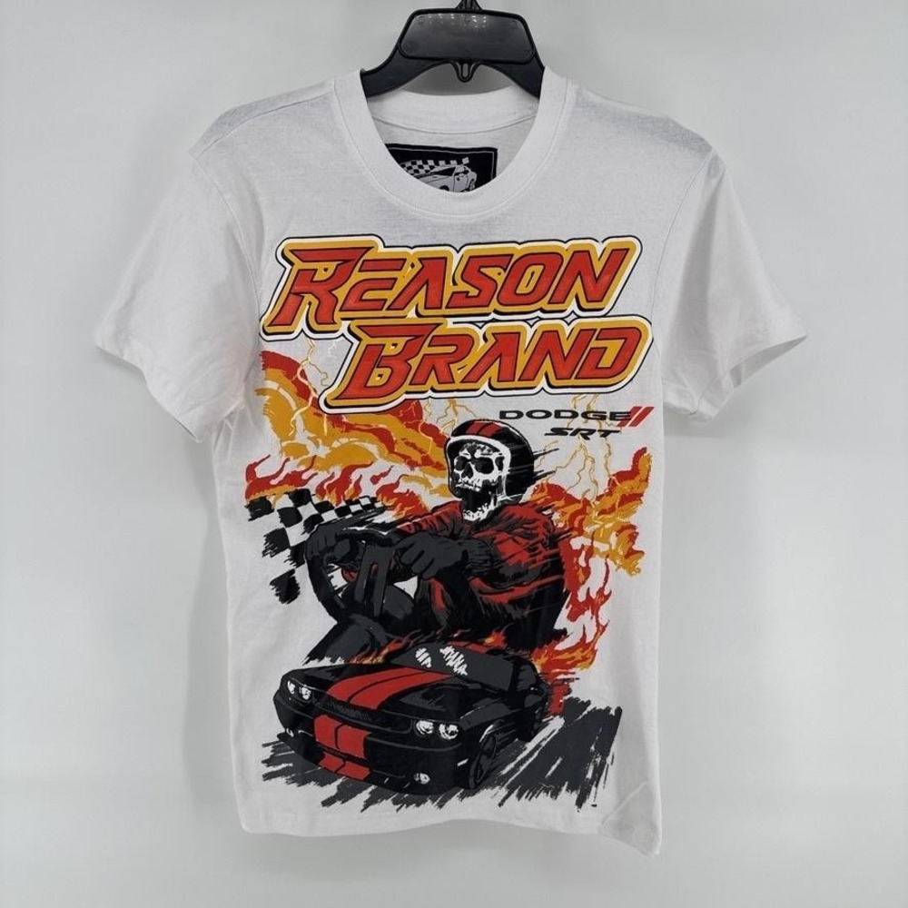 Reason Brand Shirt Mens Small White Dodge SRT Skull Flames Racing Graphic Tee